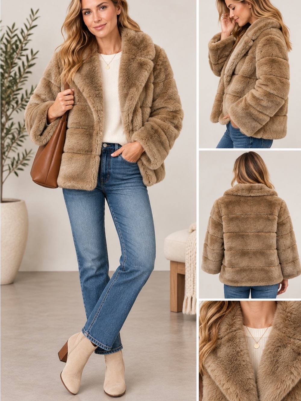 Lovestitch Plush Faux Fur Jacket in Taupe Brown